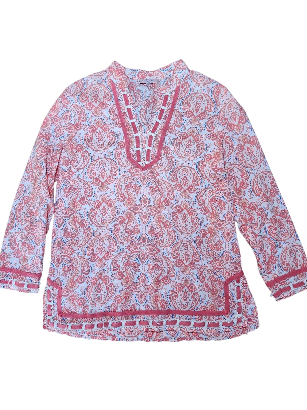 Saint Tropez West Coral/Peach Paisley Tunic Top Boho V-Neck 100% Cotton - Size L
